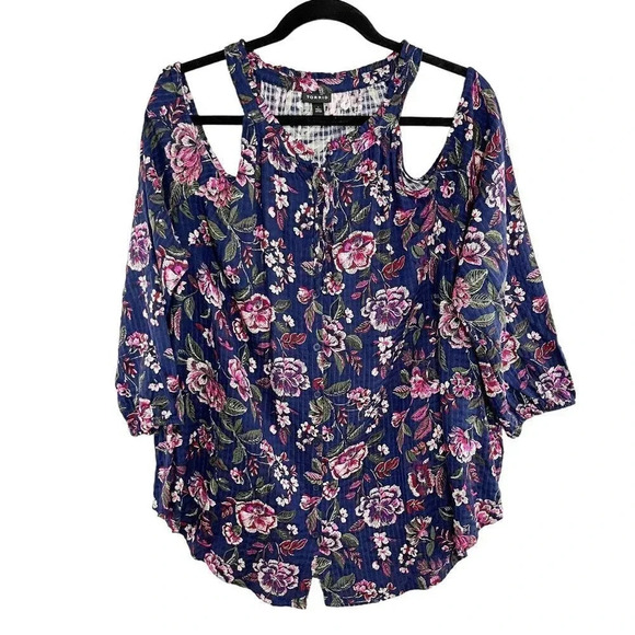 Torrid Blue Floral Long Sleeve Cold Shoulder Button Front Shirt Plus Size 1X - Picture 1 of 10